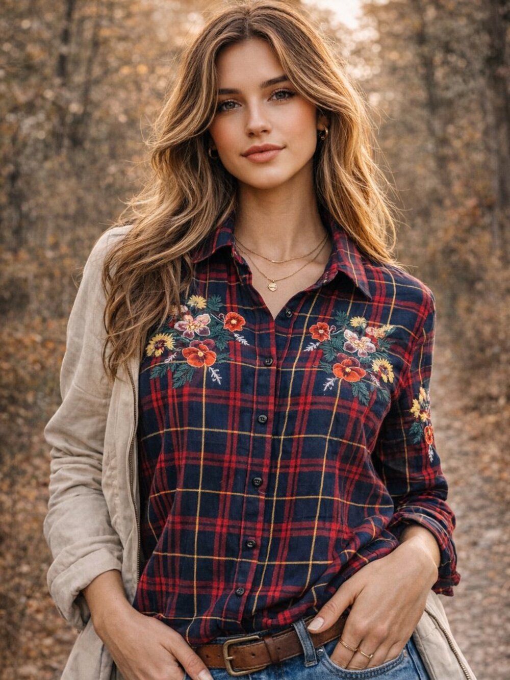 Plaid Embroidered Button Shirt Floral Detail M